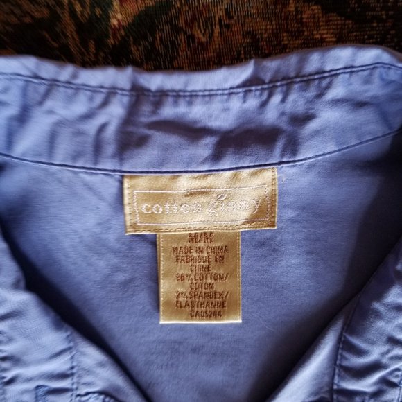 Vintage, med blue cotton, L, S, M, close fit blouse, tuck in/out, Cotton Ginny - Picture 6 of 7